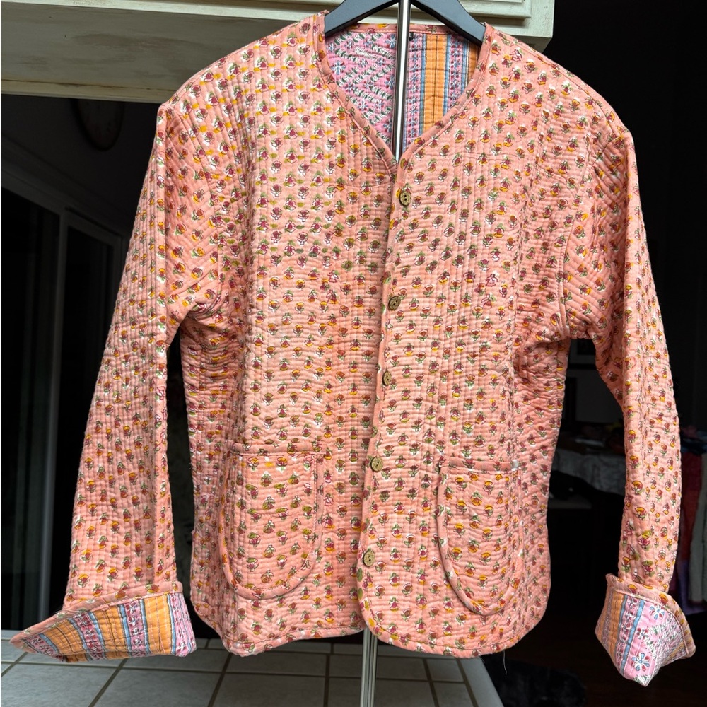 Pink & Orange Quilted Kantha Jacket with Button Closure-reversable M/L